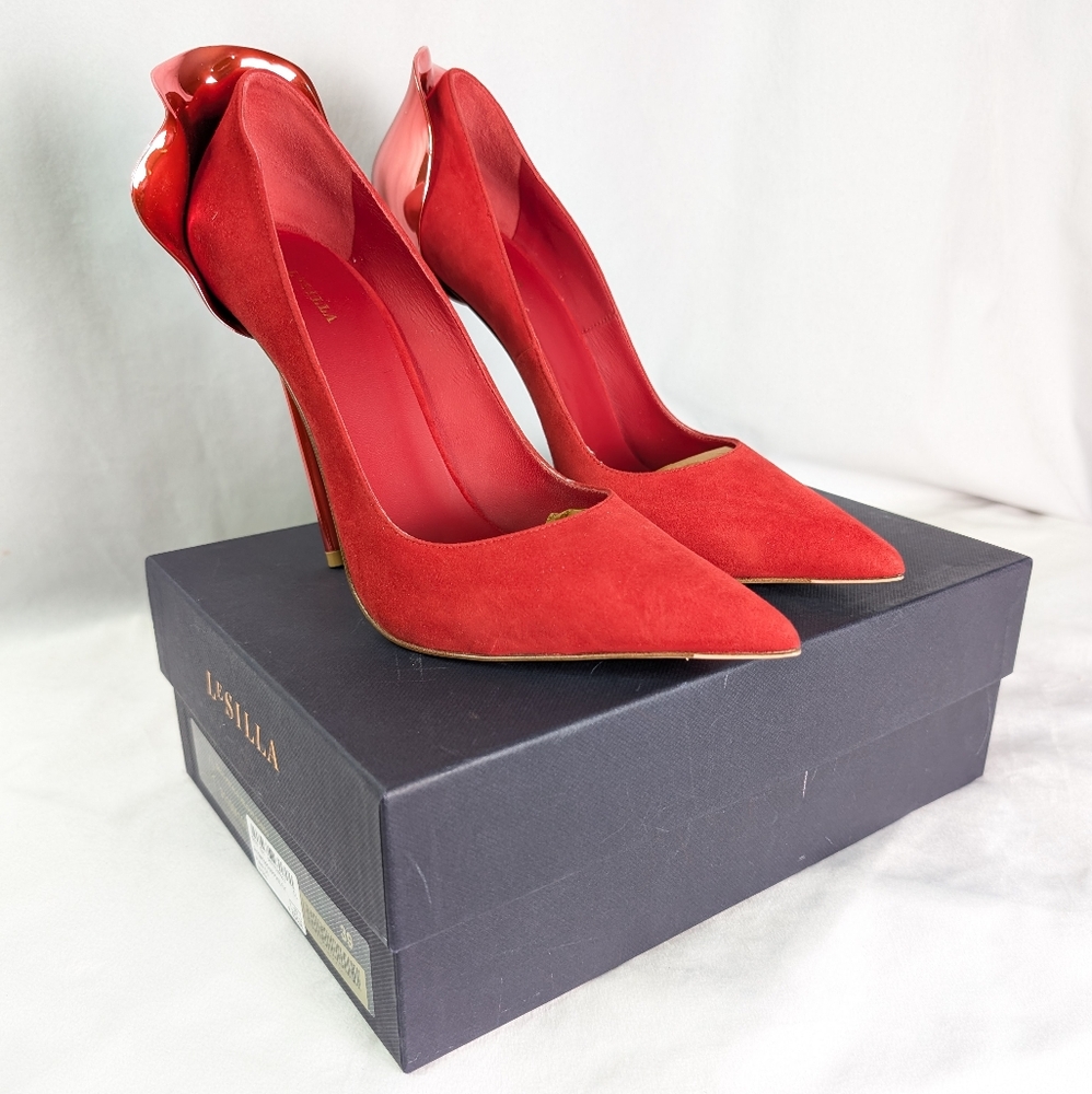 LeSilla Petalo Pump 120mm Red Calf Suede Leather Stiletto Heels Made In Italy 39